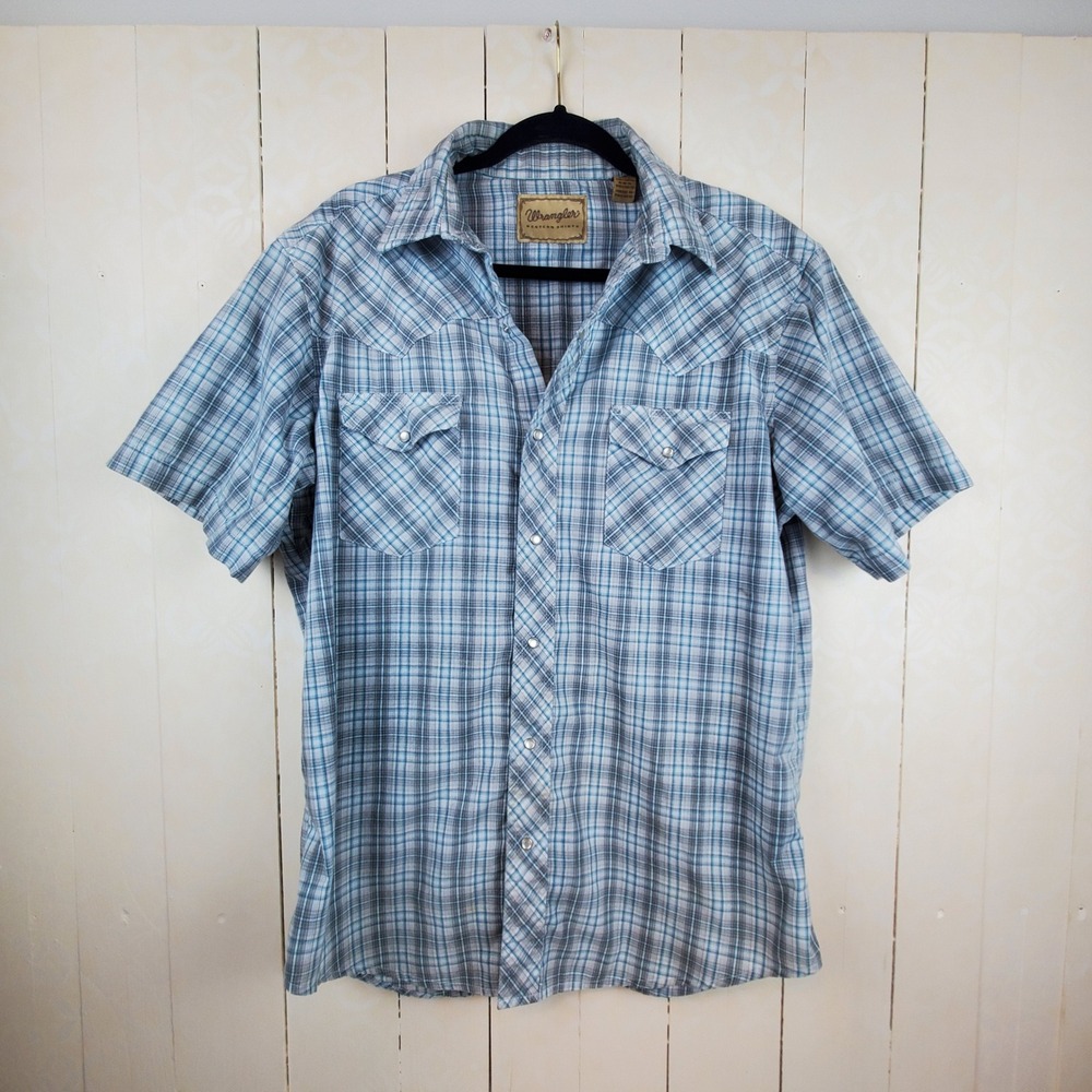 Wrangler Western Shirt Mens Large Blue Plaid Good Short Sleeve Pearl Snap